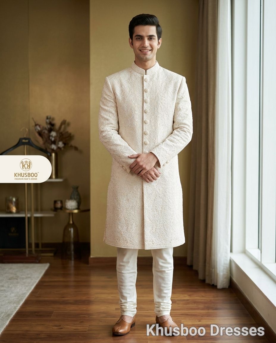 Embroidered Cream Sherwani