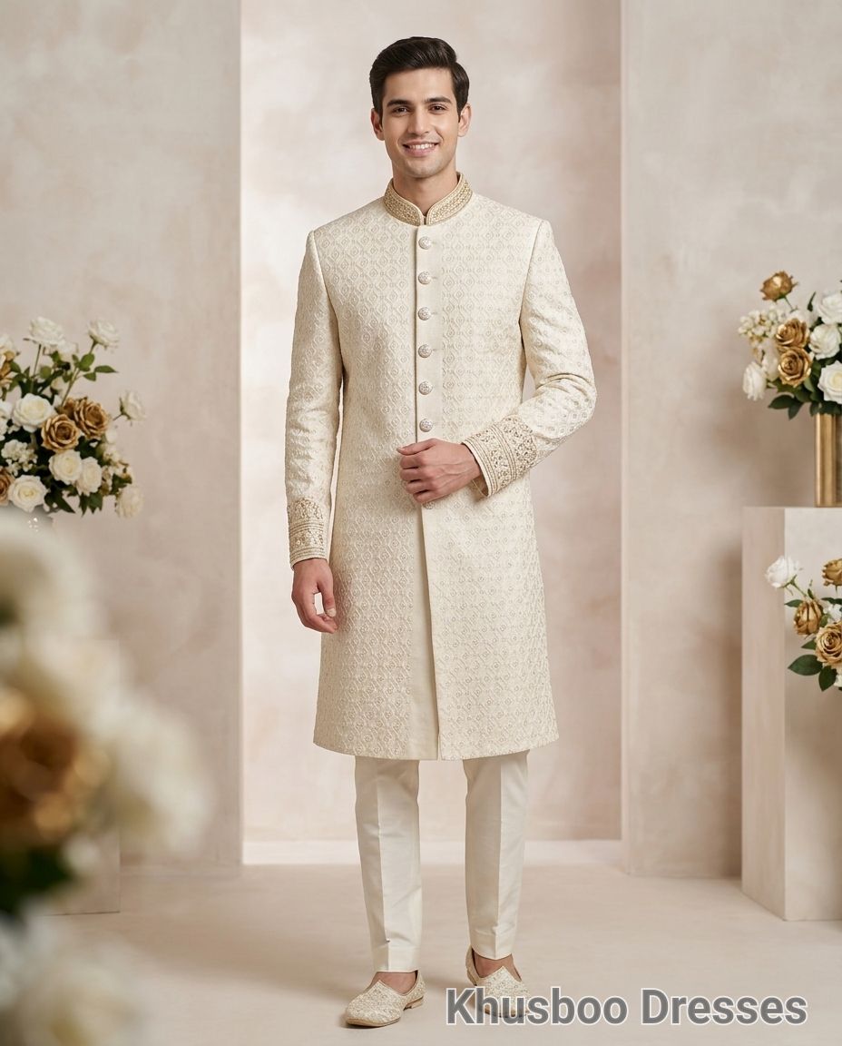 Embroidered White Sherwani
