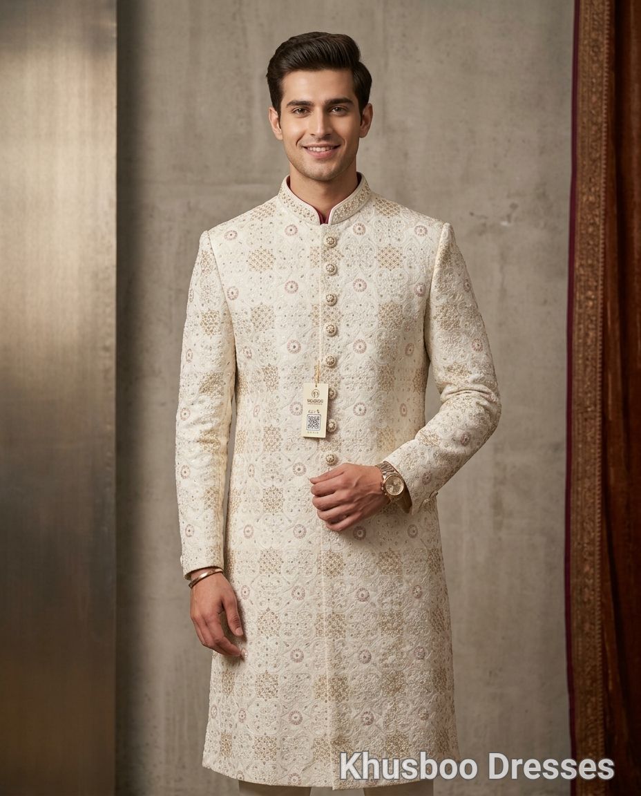 Embroidered White Sherwani