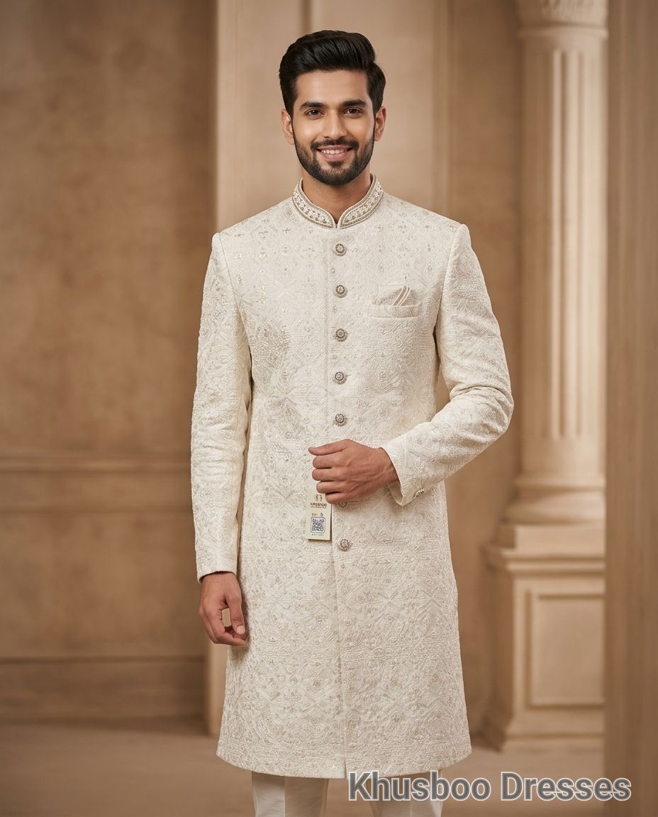 Embroidered White Sherwani