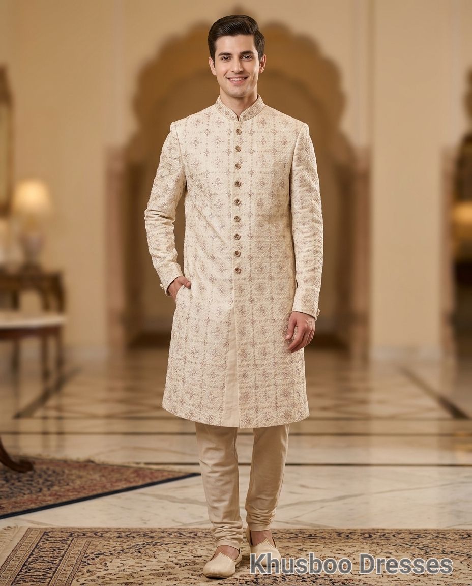 Embroidered Cream Sherwani