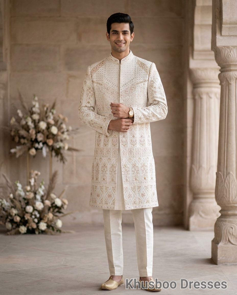 Embroidered White Sherwani
