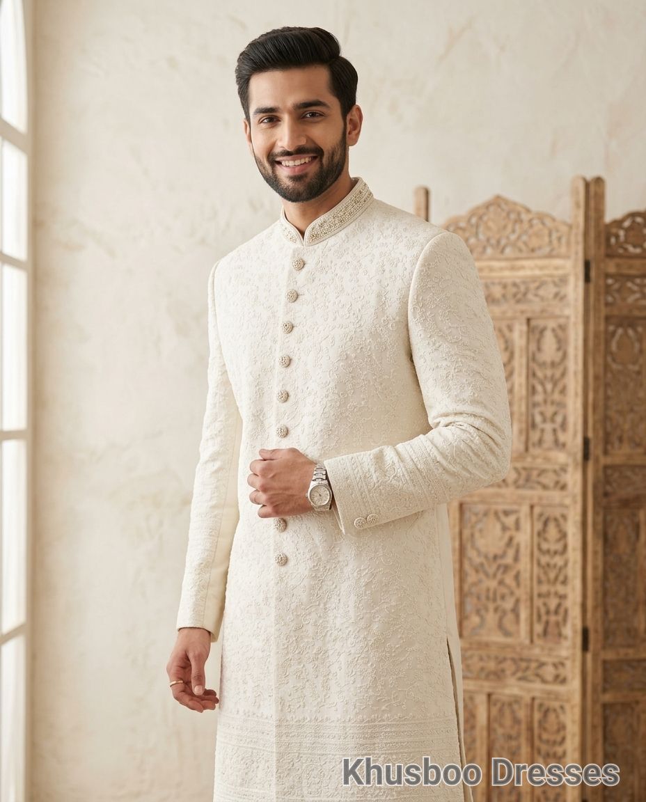 Embroidered White Sherwani