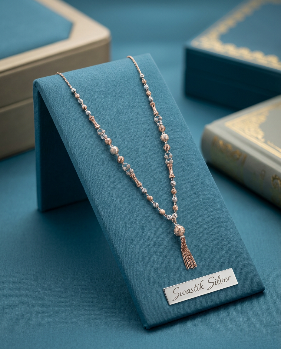 The Lumina Two-Tone Silver & Rose Gold Beaded Y-Necklace view 4