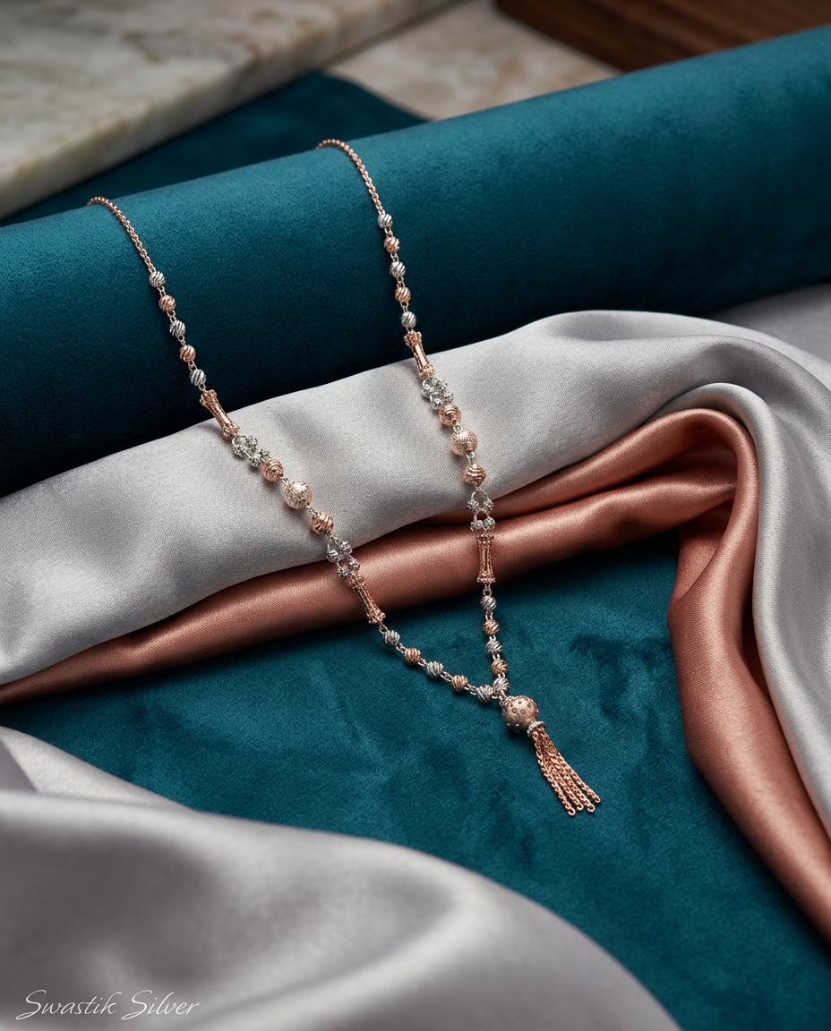 The Lumina Two-Tone Silver & Rose Gold Beaded Y-Necklace view 5