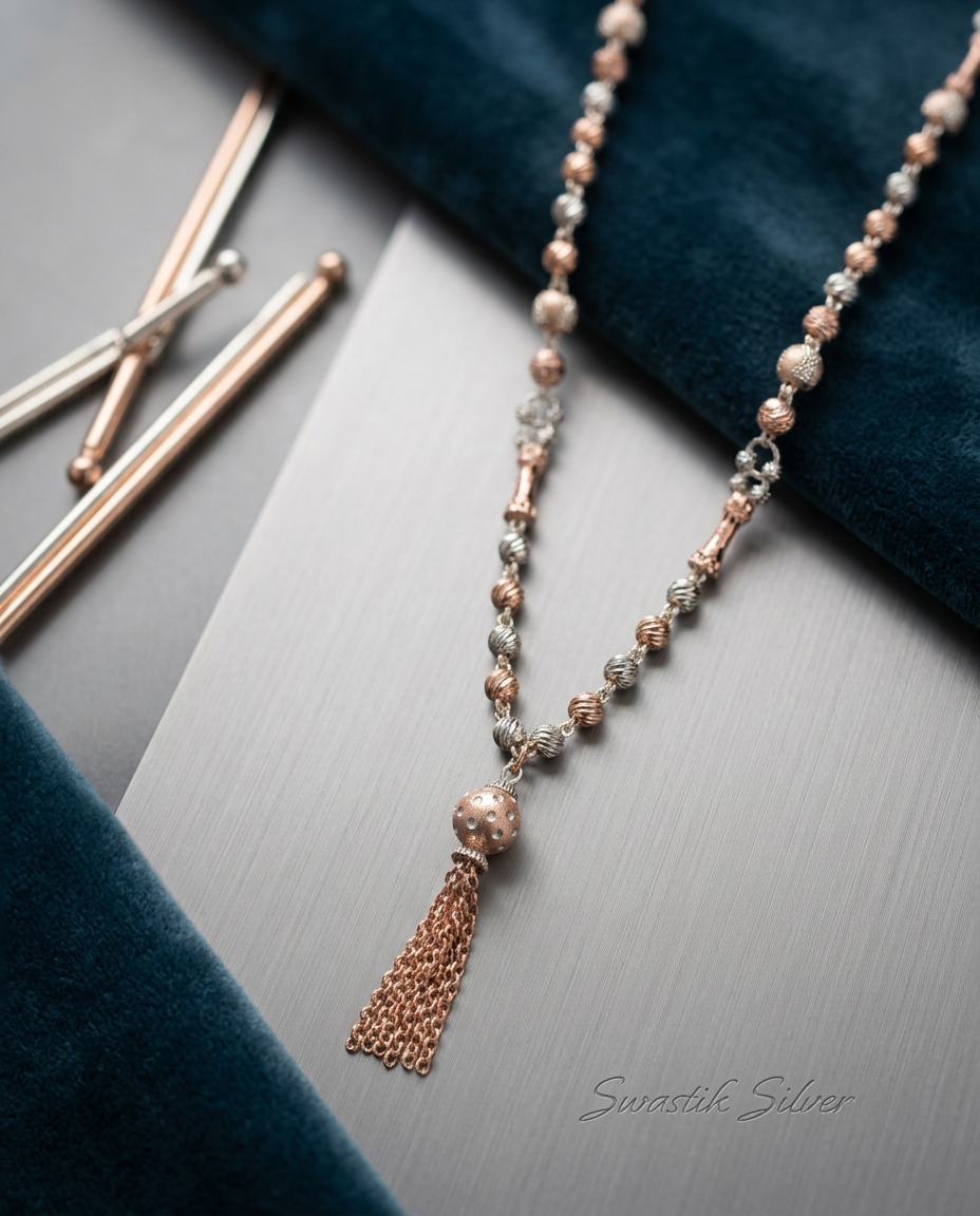 The Lumina Two-Tone Silver & Rose Gold Beaded Y-Necklace view 3