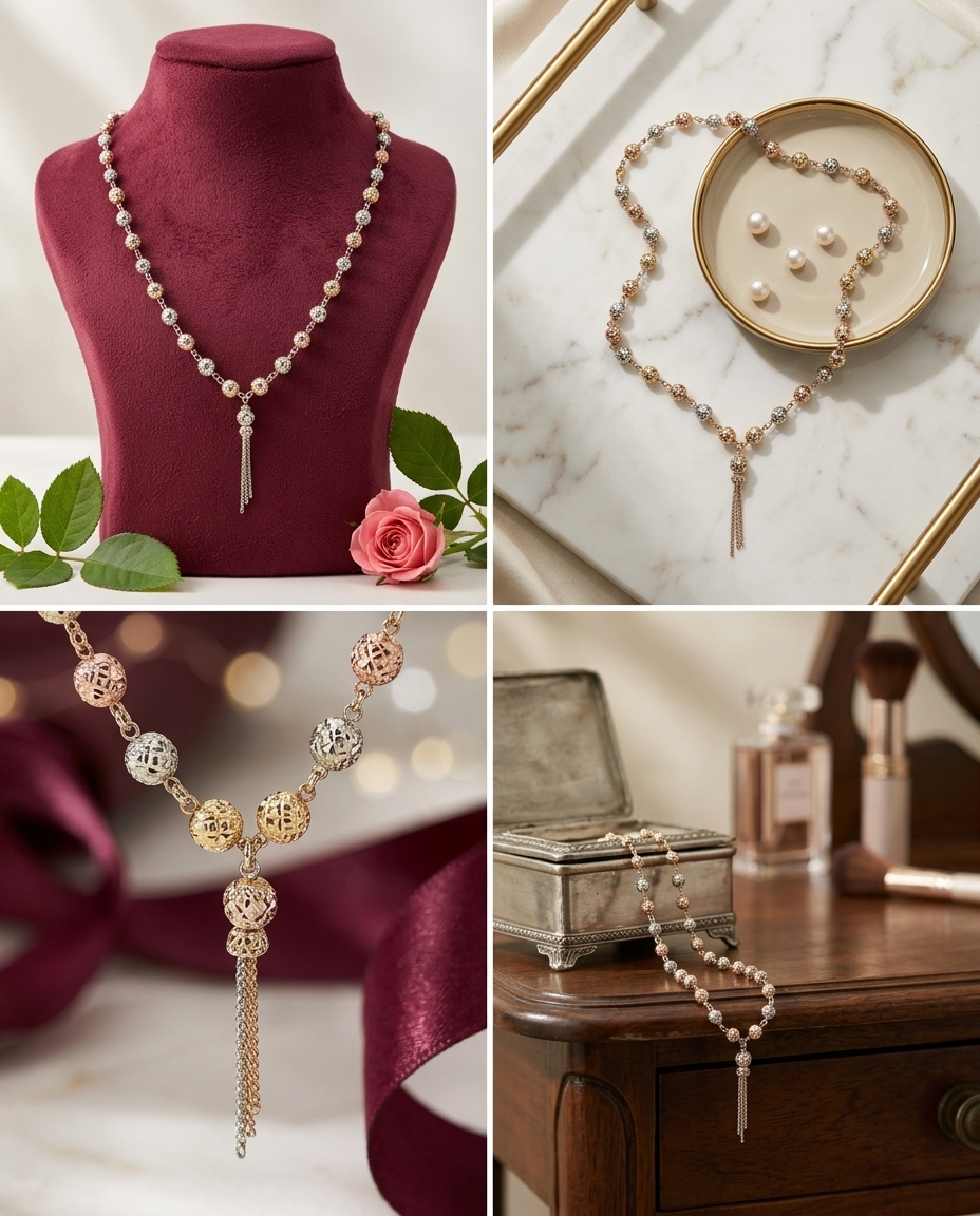 Dual-Tone Filigree Bead Mala with Waterfall Tassel view 2