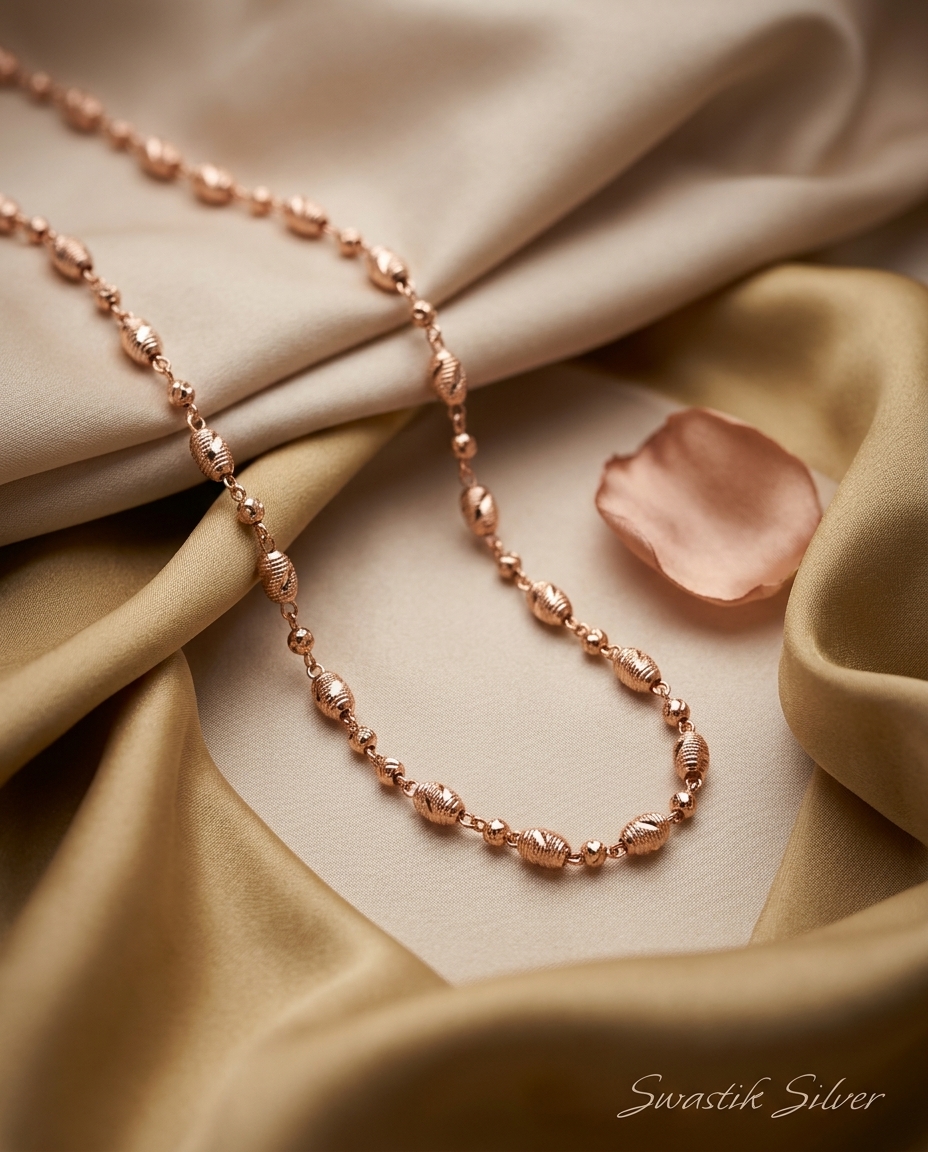 The Blush Radiance Rose Gold Fluted Bead Silver Chain