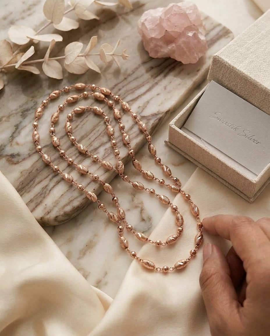 The Blush Radiance Rose Gold Fluted Bead Silver Chain view 2