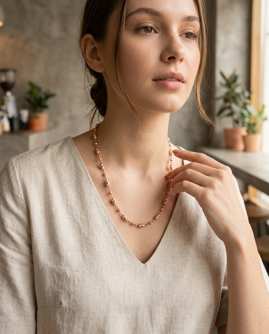 The Blush Radiance Rose Gold Fluted Bead Silver Chain view 4