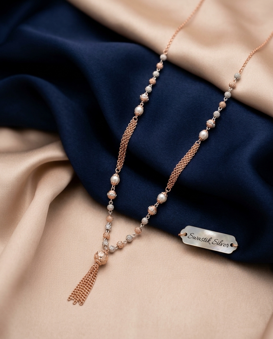 Two-Tone Beaded Lariat Necklace with Pearls & Waterfall Tassel