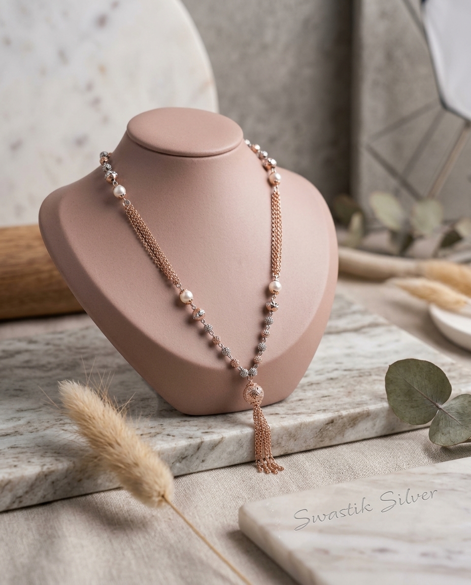 Two-Tone Beaded Lariat Necklace with Pearls & Waterfall Tassel view 2