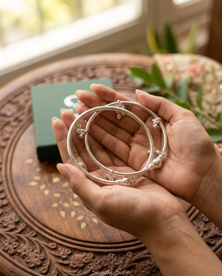 Maharani Heavy Silver Bypass Kada Payal Pair with Ghungroos