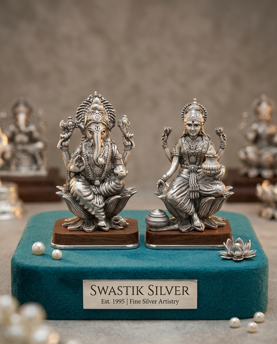 Silver Antique Oxidized Lakshmi Ganesha Idols with Dhankumbha