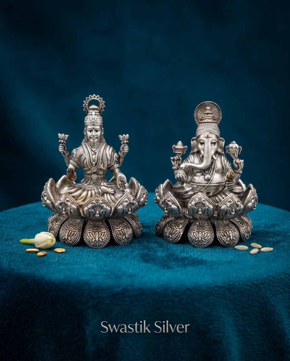 925 Pure Silver Antique Oxidized Lakshmi Ganesha Idols on Flared Lotus Pedestals