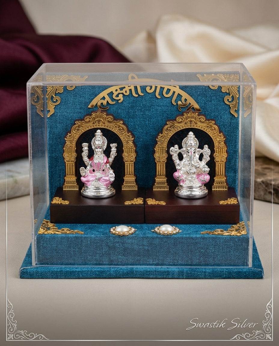999 Silver Plated Laxmi Ganesh Idol Set view 2