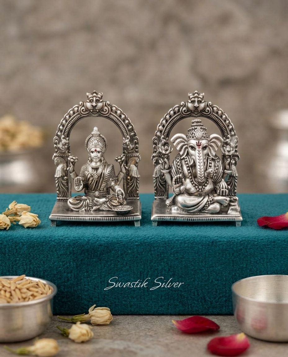 925 Sterling Silver Semi-Solid Laxmi Ganesh Murti Set with Temple Prabhavali