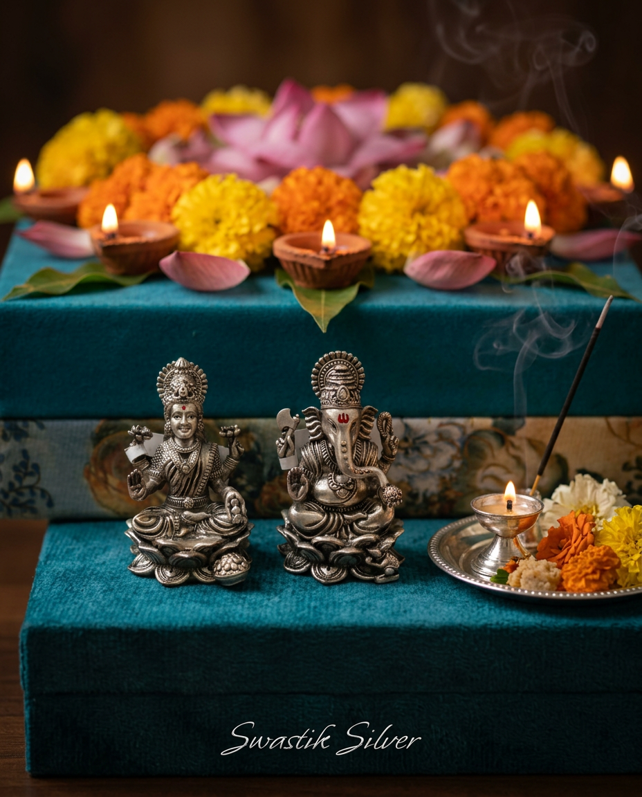 Silver Antique Oxidized Lakshmi Ganesha Idols with Prabhavali Halos view 2