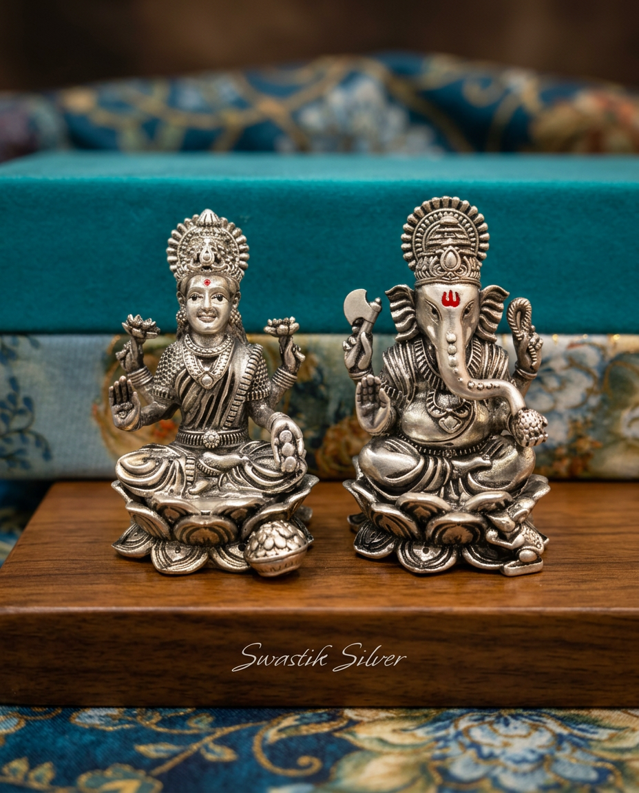 Silver Antique Oxidized Lakshmi Ganesha Idols with Prabhavali Halos