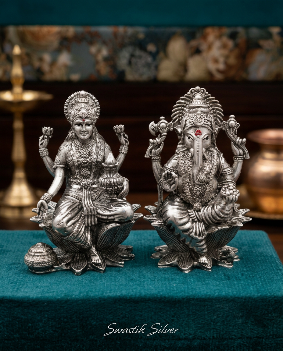 925 Pure Silver Antique Oxidized Lakshmi Ganesha Idols with Dhankumbha & Kalash