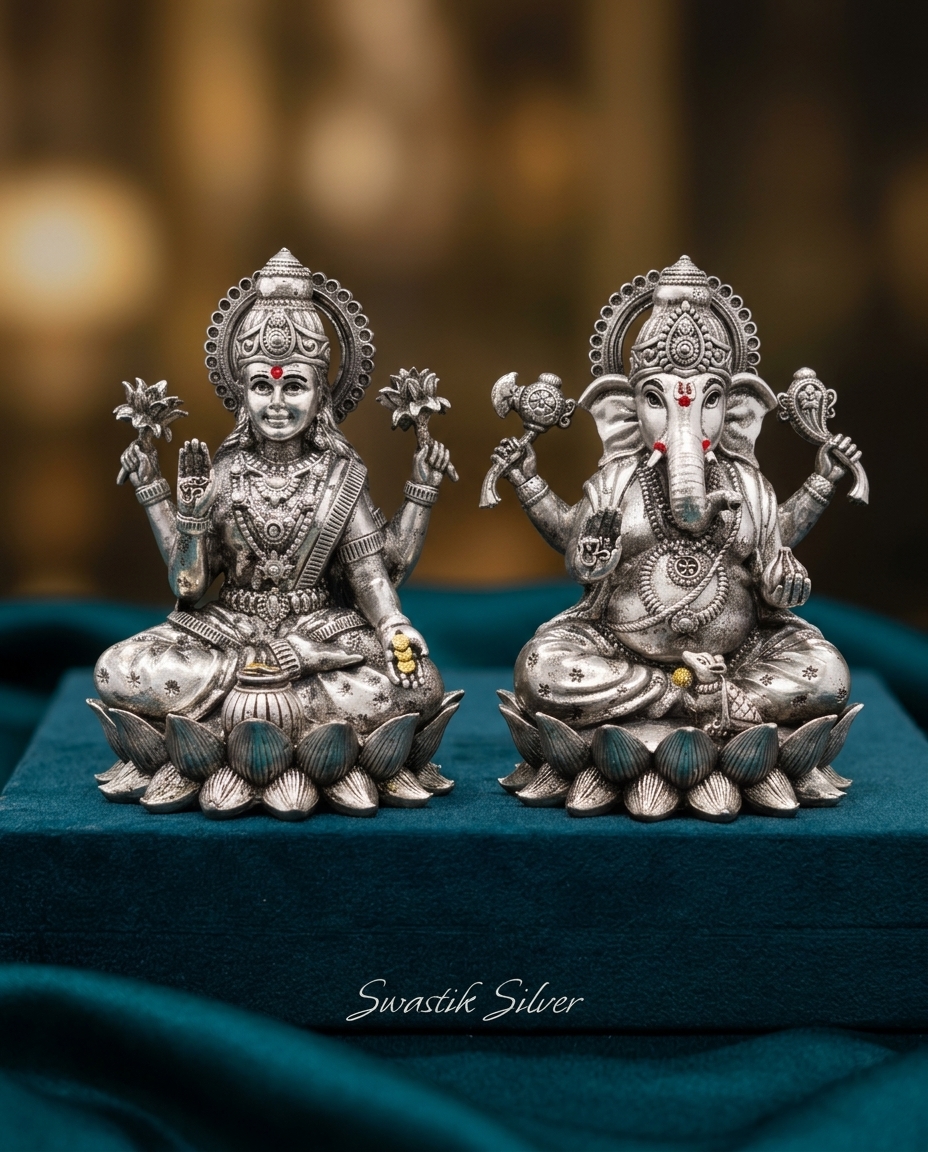 925 Pure Silver Antique Oxidized Lakshmi Ganesha Idols on Grand Lotus Thrones