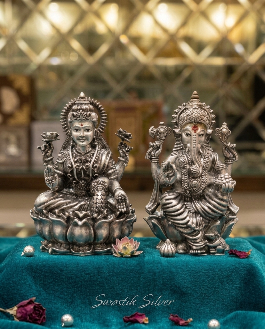 925 Sterling Silver Semi-Solid Laxmi Ganesh Murti Set