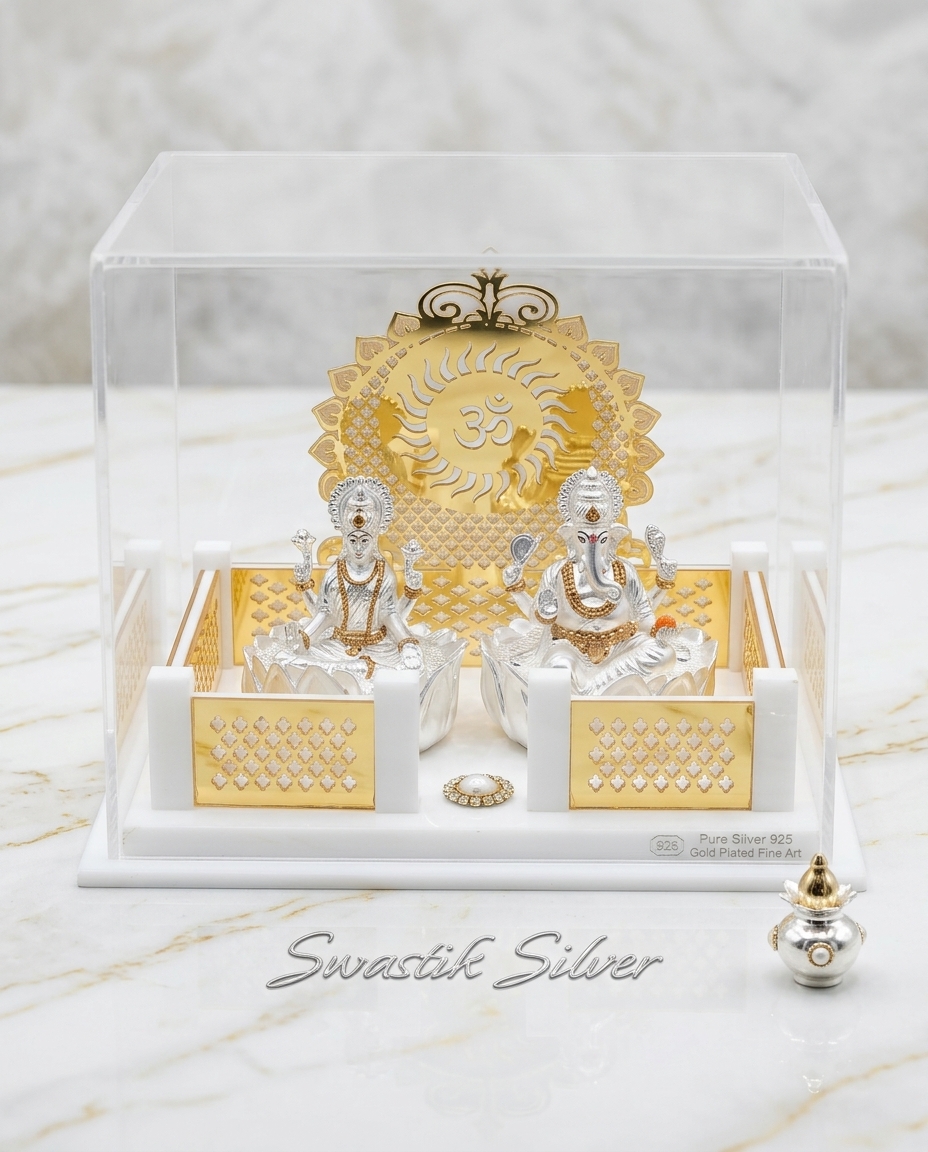 Silver Ganesh Lakshmi Idol view 2