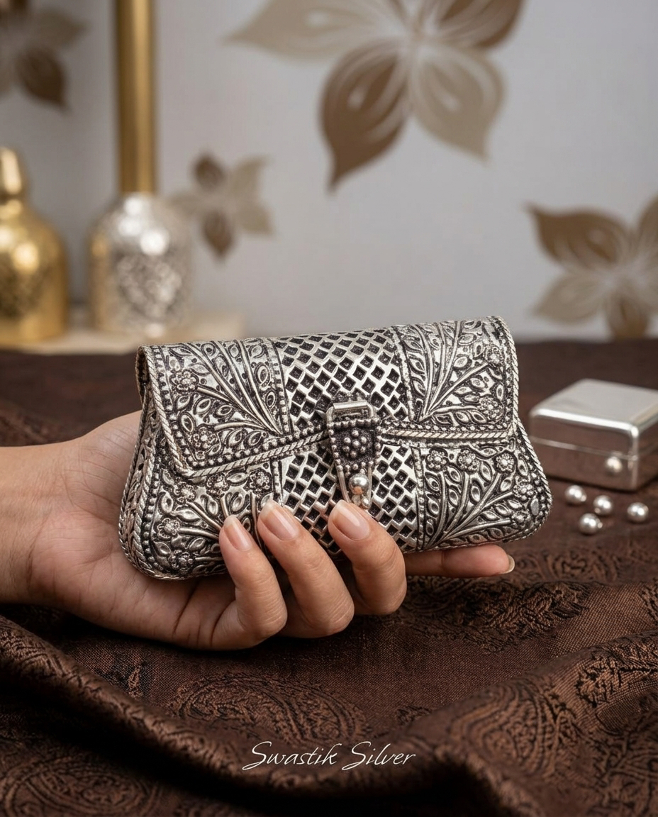 The Rajwadi Handcrafted 925 Pure Silver Filigree Envelope Clutch Purse view 3