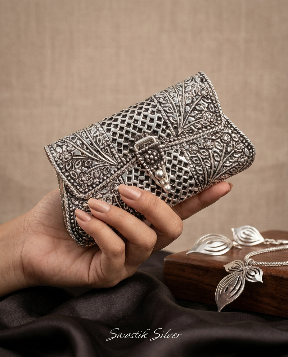 The Rajwadi Handcrafted 925 Pure Silver Filigree Envelope Clutch Purse