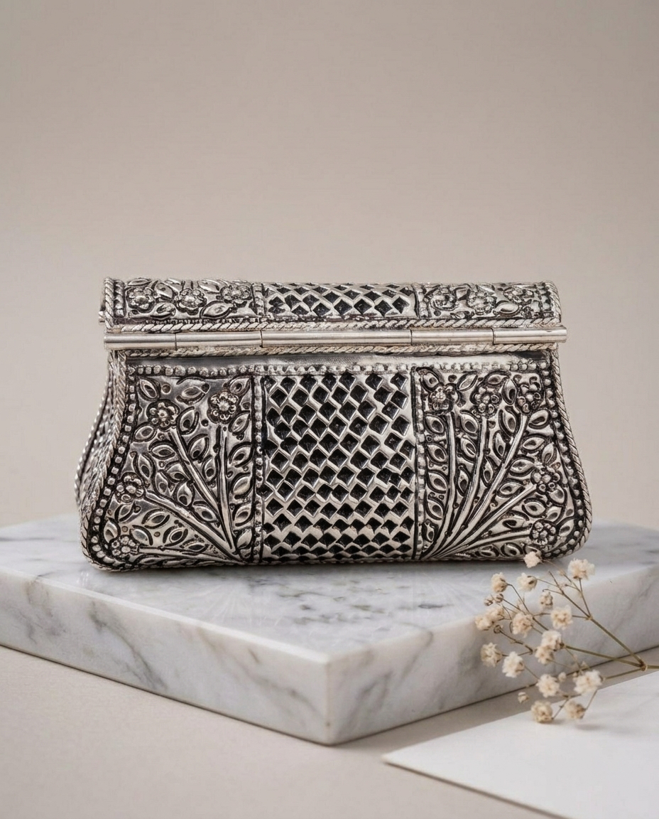 The Rajwadi Handcrafted 925 Pure Silver Filigree Envelope Clutch Purse view 4