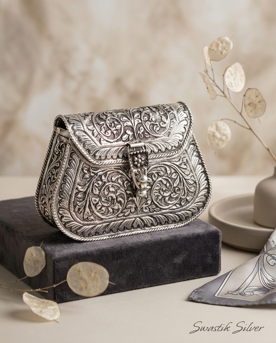 Pure 925 Silver Antique Floral Embossed Saddle Batwa Handbag