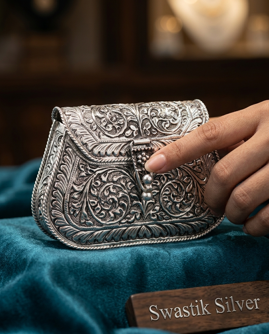 Pure 925 Silver Antique Floral Embossed Saddle Batwa Handbag view 3