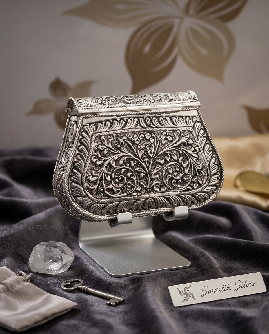 Pure 925 Silver Antique Floral Embossed Saddle Batwa Handbag view 2