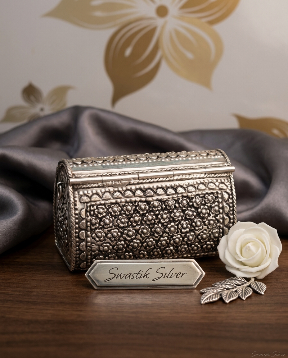 Pure 925 Silver Antique All-Over Floral Repoussé Minaudière Clutch view 2