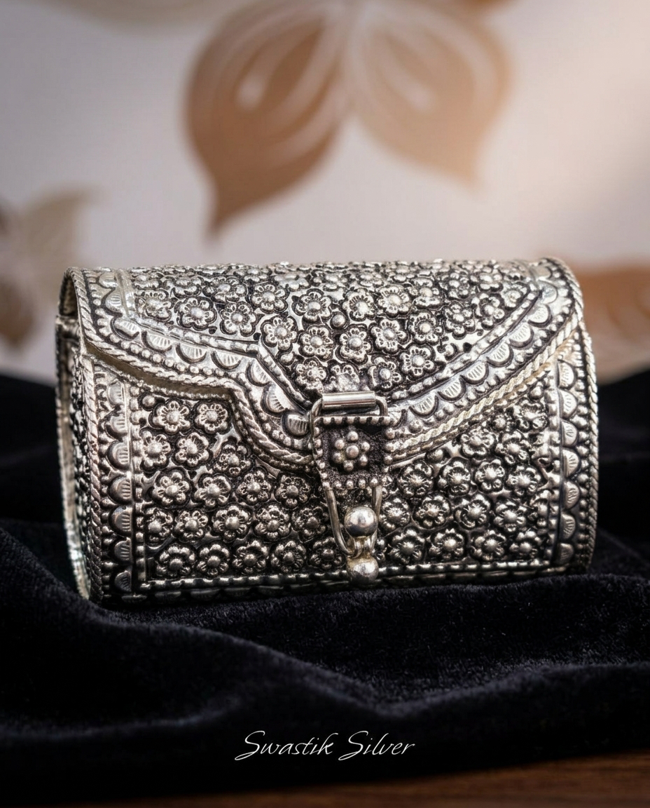 Pure 925 Silver Antique All-Over Floral Repoussé Minaudière Clutch view 3