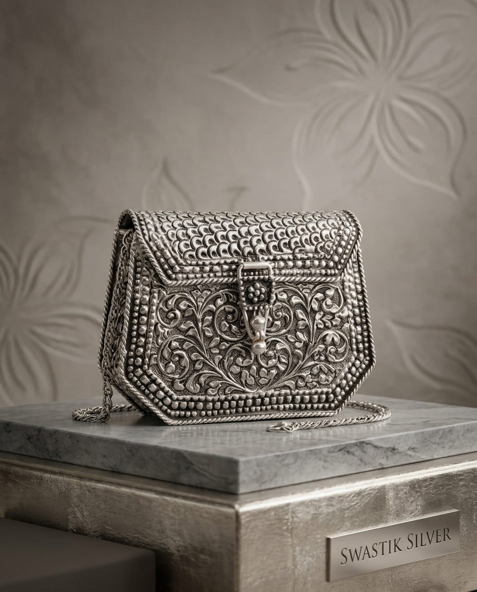 Pure 925 Silver Antique Scallop & Floral Chased Box Handbag