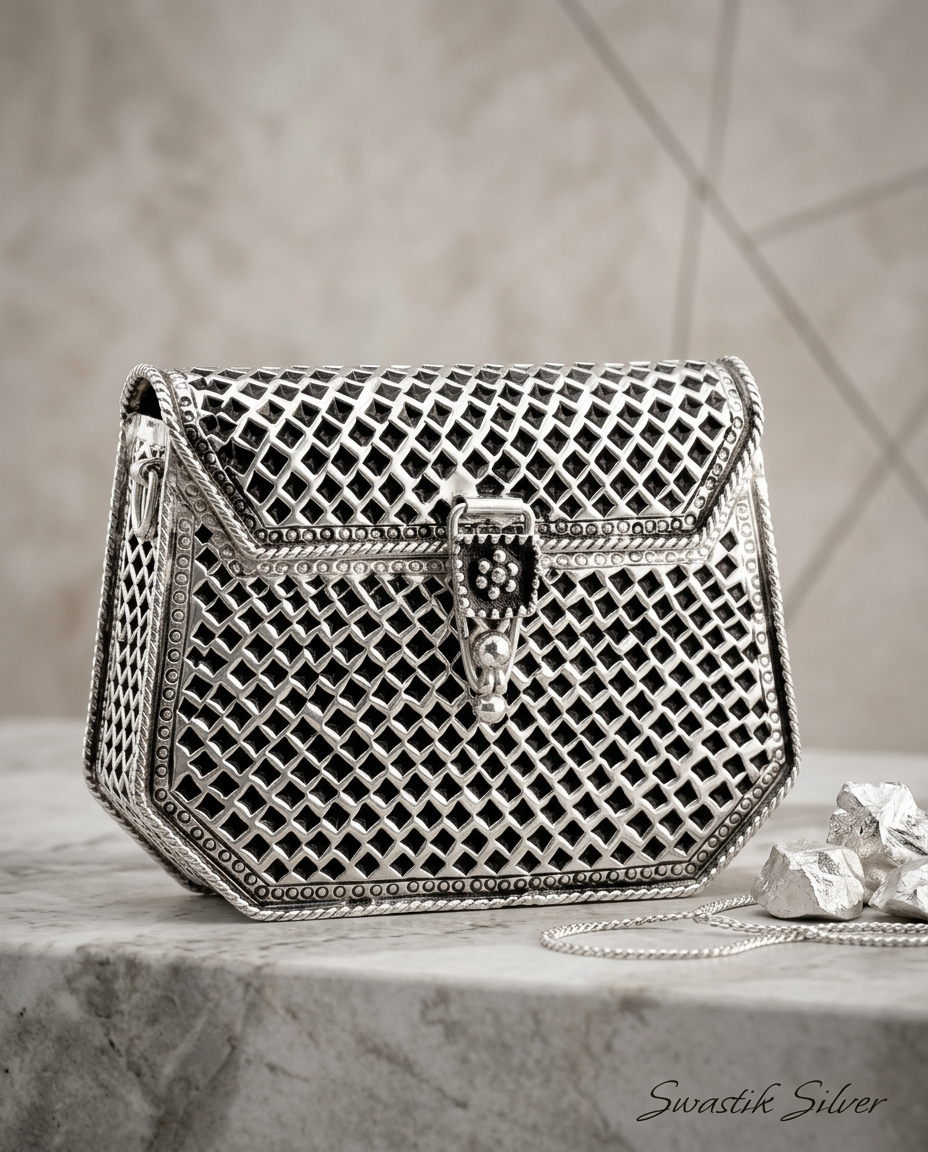The Rajwadi Handcrafted 925 Pure Silver Geometric Jaali Lattice Clutch Purse view 4
