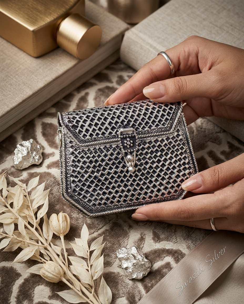 The Rajwadi Handcrafted 925 Pure Silver Geometric Jaali Lattice Clutch Purse