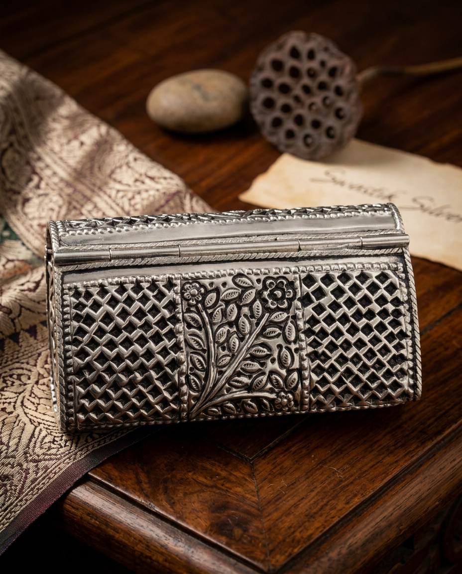 Rajwadi Handcrafted 925 Pure Silver Jaali & Floral Nakashi Barrel Clutch Purse view 2