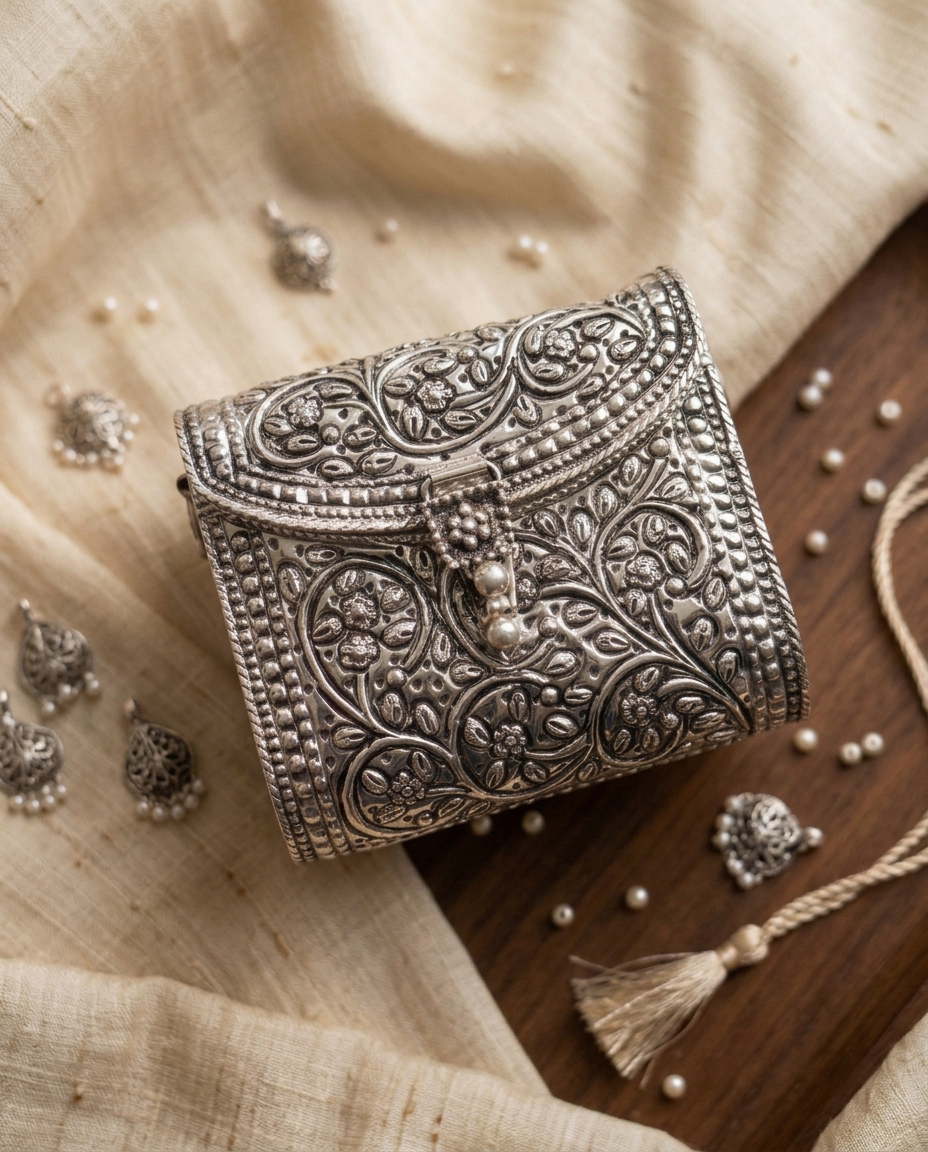 Rajwadi Handcrafted 925 Pure Silver Floral Nakashi Barrel Box Clutch