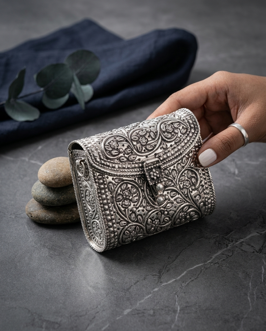 Rajwadi Handcrafted 925 Pure Silver Floral Nakashi Barrel Box Clutch view 4