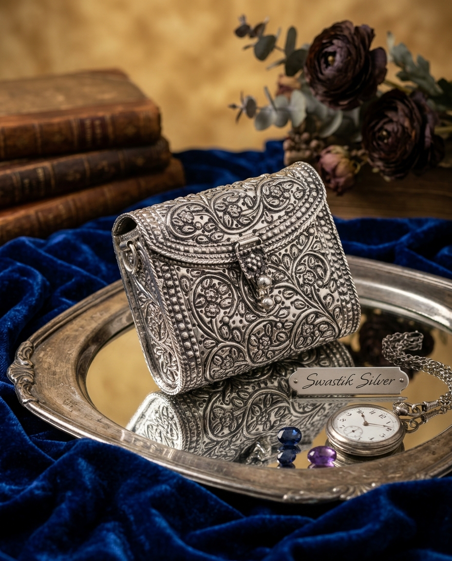 Rajwadi Handcrafted 925 Pure Silver Floral Nakashi Barrel Box Clutch view 3