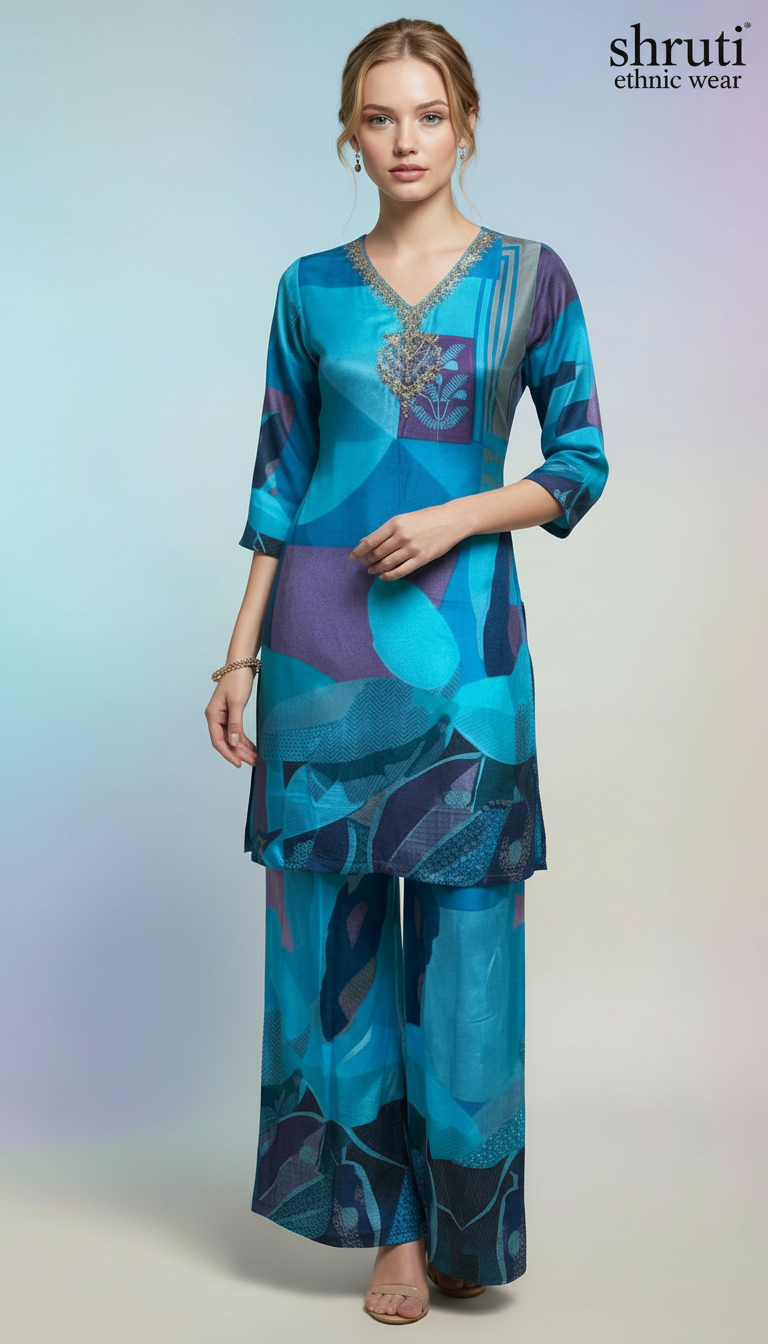 Pure Crepe Embroidery With Print Kurti Co-ord Set Shruti Ethnic Wear