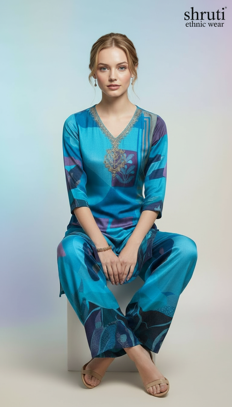 Pure Crepe Embroidery With Print Kurti Co-ord Set Shruti Ethnic Wear view 3