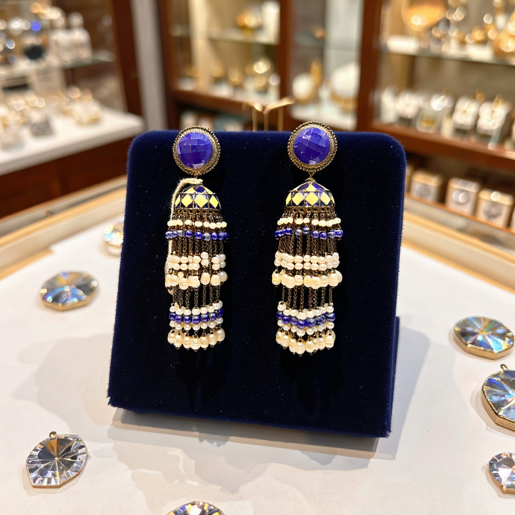 Elegant Blue & Pearl Jhumka Earrings view 2