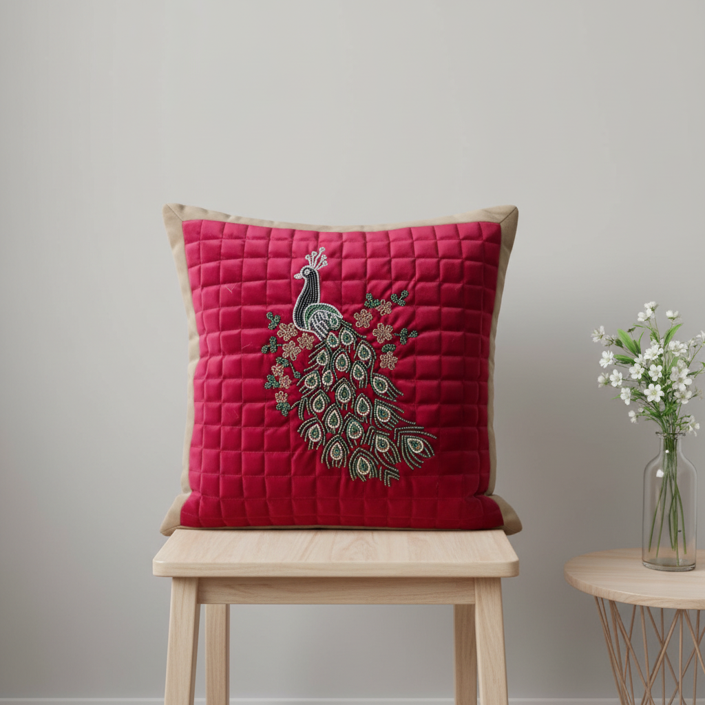 Linens Studio Padded Velvet Embroidered Peacock Cushion Cover CC-401