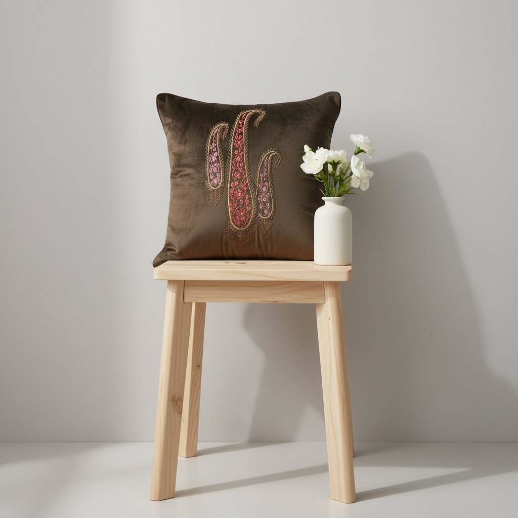 Linens Studio Brown Embroidered Velvet Cushion Cover CC-336