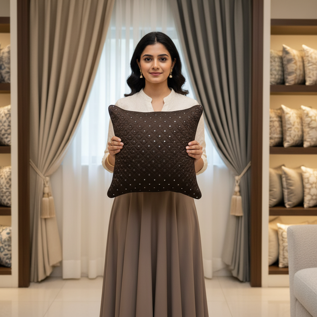 Linens Studio Brown Quilted Cushion Cover CC - 317