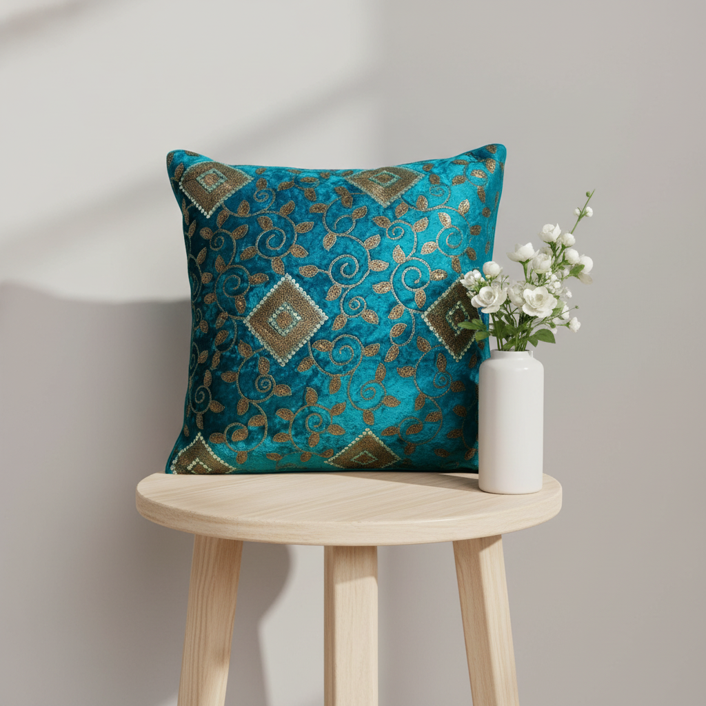 Linens Studio Velvet Blue Embroidered Cushion Cover CC-284 view 2