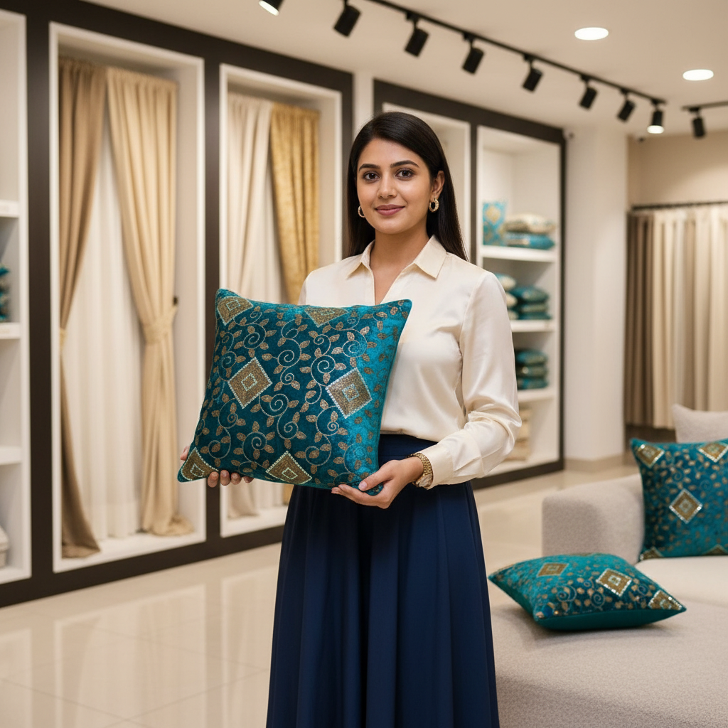 Linens Studio Velvet Blue Embroidered Cushion Cover CC-284